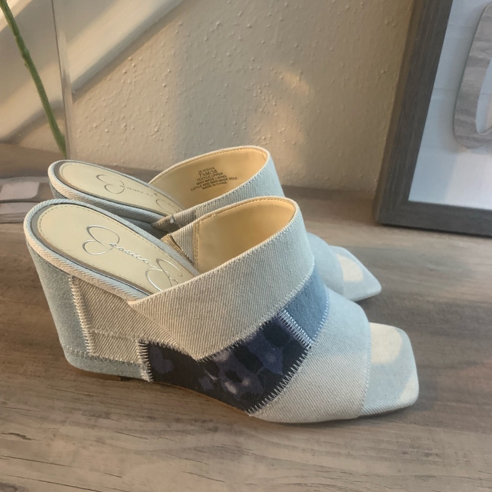 Jessica Simpson Blue and Cream Wedge Sandals